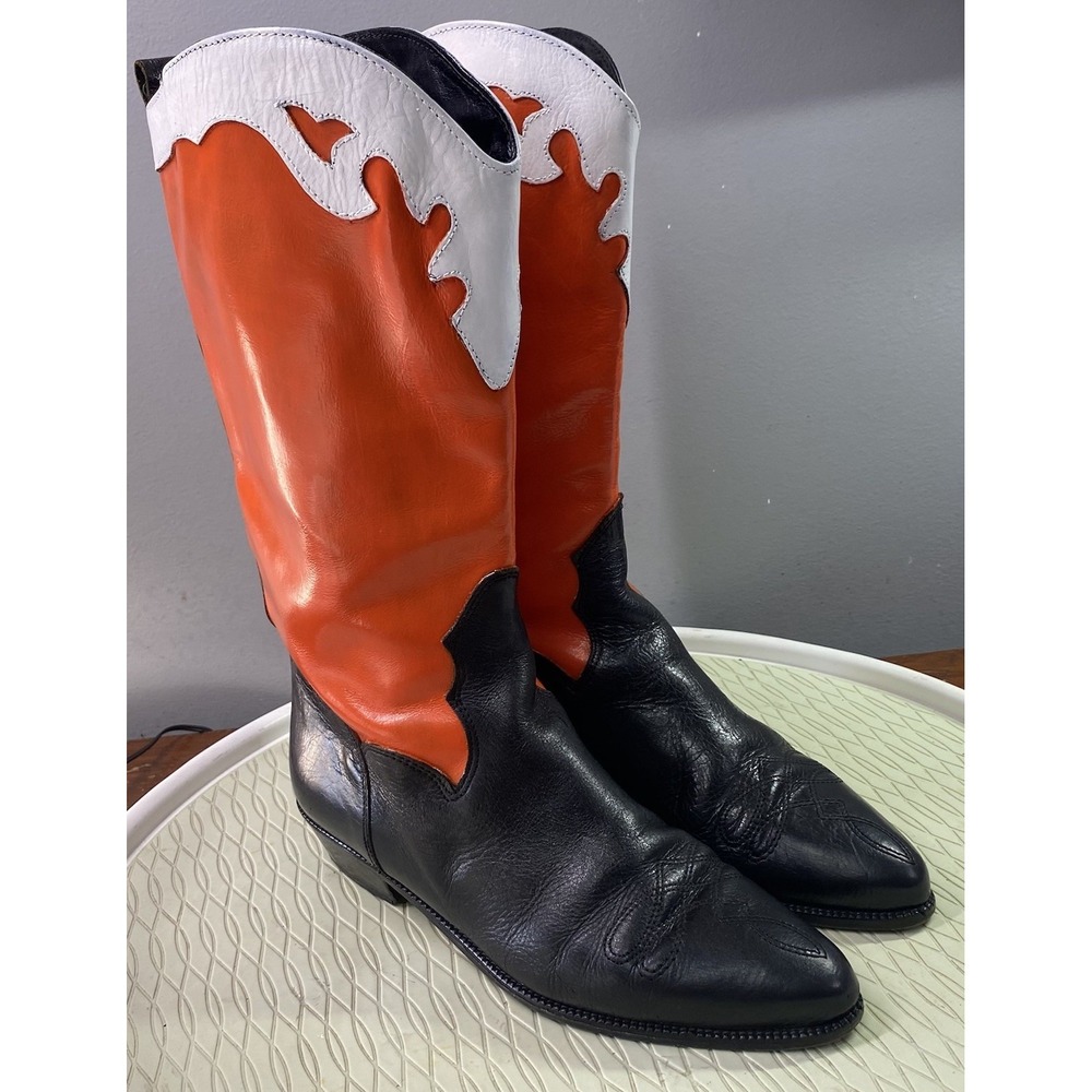 Joan&David Women Leather Western Hand-Painted Harley Color Black/Orange Boots 6
